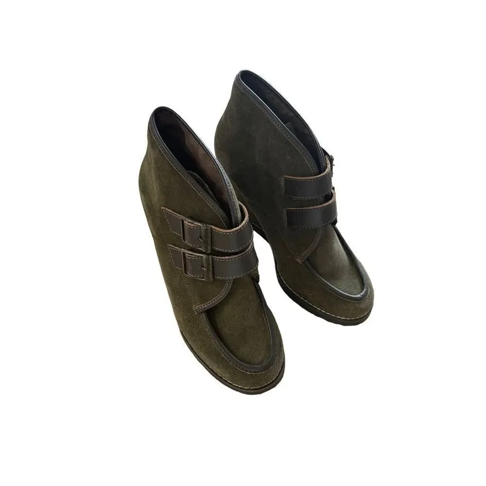 Charles David Womens Olive Green Suede Ankle Boots Wedge Size 8.5
